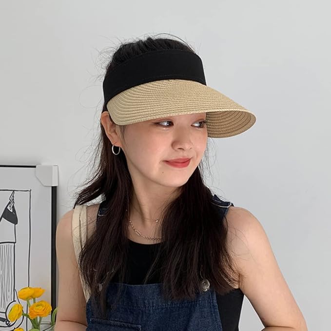 Women Straw Sun Visor Hat Wide Brim Summer UV Protection Beach Cap Foldable Packale Korean Style