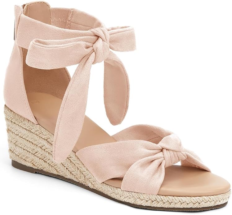 LAICIGO Womens Espadrilles Wedge Sandals Back Zipper Closure Open Toe Platform Ankle Strap Summer Dress Shoes with Bow