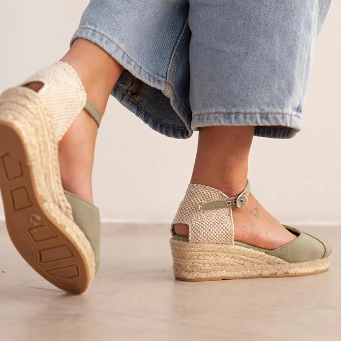 Girona Authentic Spanish Espadrille Wedge Sandals for Women - Sustainable, Eco Friendly, Vegan Shoes. Classic Style, Organic Cotton Canvas Upper, Comfy Insole, Jute Midsole, Rubber Sole. Made in Spain