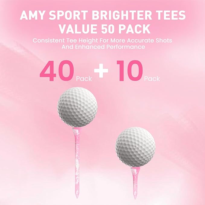 Golf Tees Styllish Bamboo Wooden Coloured Painted 50 Pack, 2 3/4 or 3 1/4 Inch Tee with 10 More Short 1 1/2 Inch Driving Range Tees, Enhanced Visibility Pink Green for Men Women
