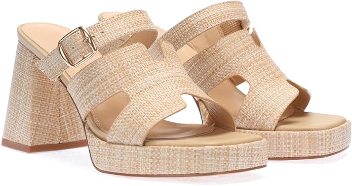 Monrovia Womens Sandals Heels for Women Slide On Block Chunky Platform High Heels Open Toe Raffia Wedge Sandals