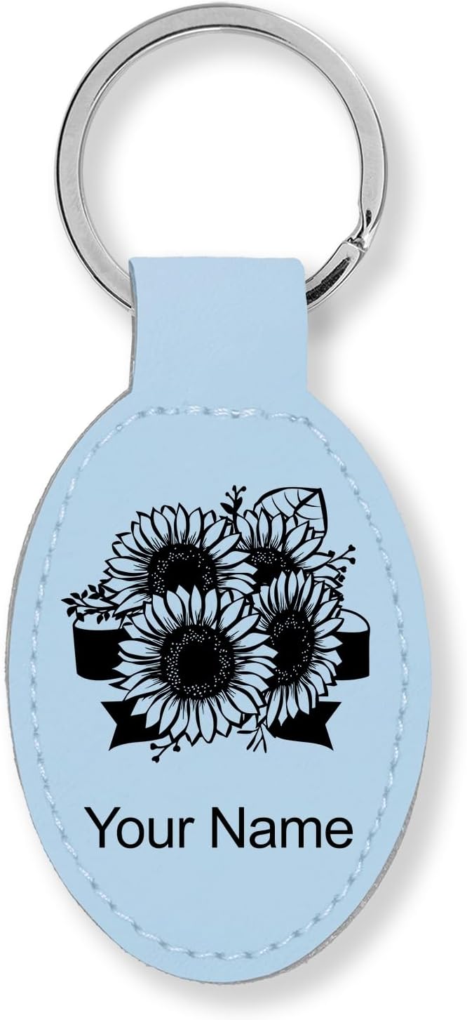 LaserGram Oval Keychain, Sunflowers, Personalized Engraving Included