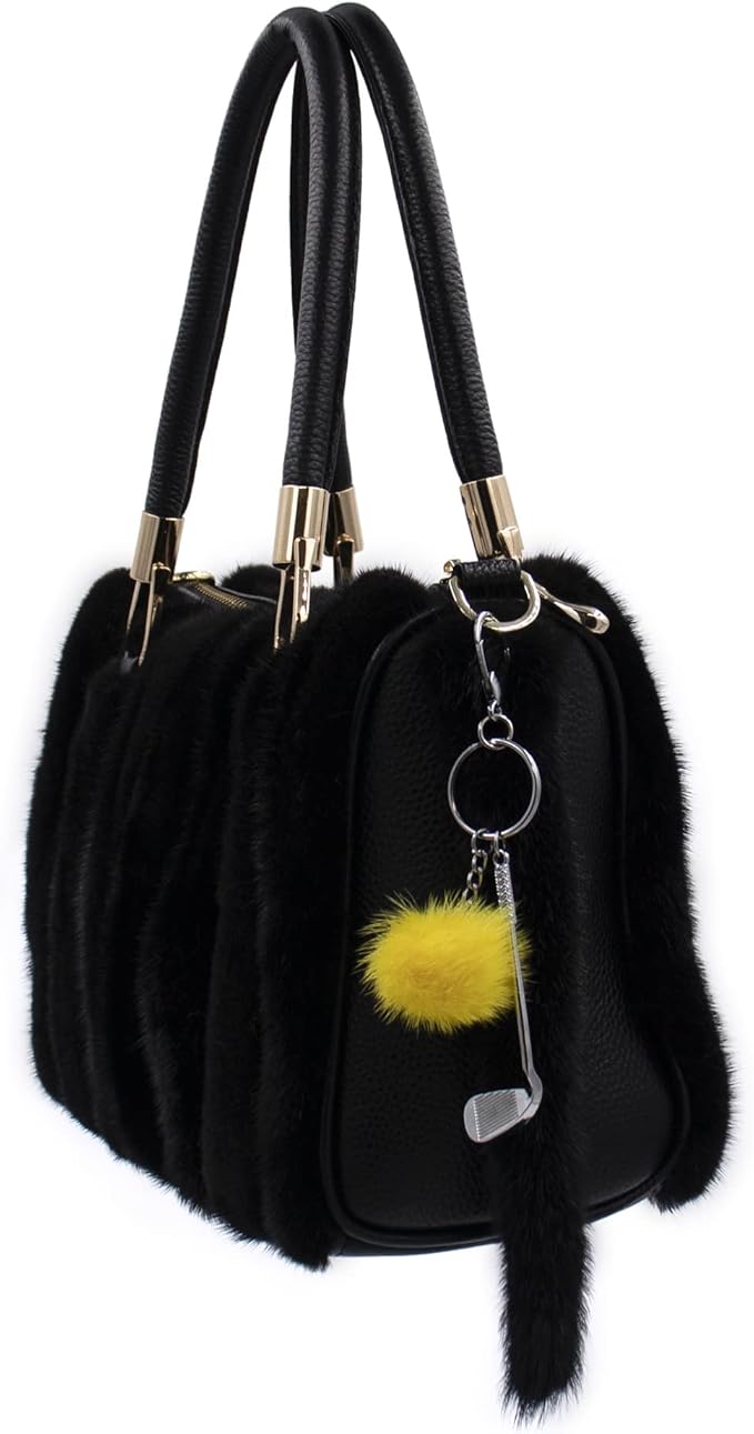 surell Golf Club Keychain with Mink Fur Pom - Sports Charm for Keys, Bags, Belts, and More