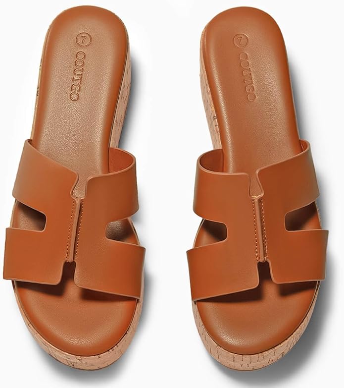 Coutgo Women's Platform Wedge Sandals Open Toe Slip On Slides Cork Heeled Cutout Comfortable Summer Shoes