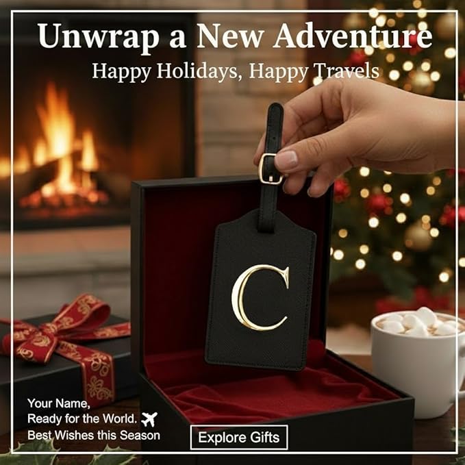Personalized Initial Letter Luggage Tag for Suitcases PU Leather Baggage ID Tag with Metal Alphabet,Travel Accessory for Backpacks, Bags and Gift for Travelers (Black/Gold-Letter, C)