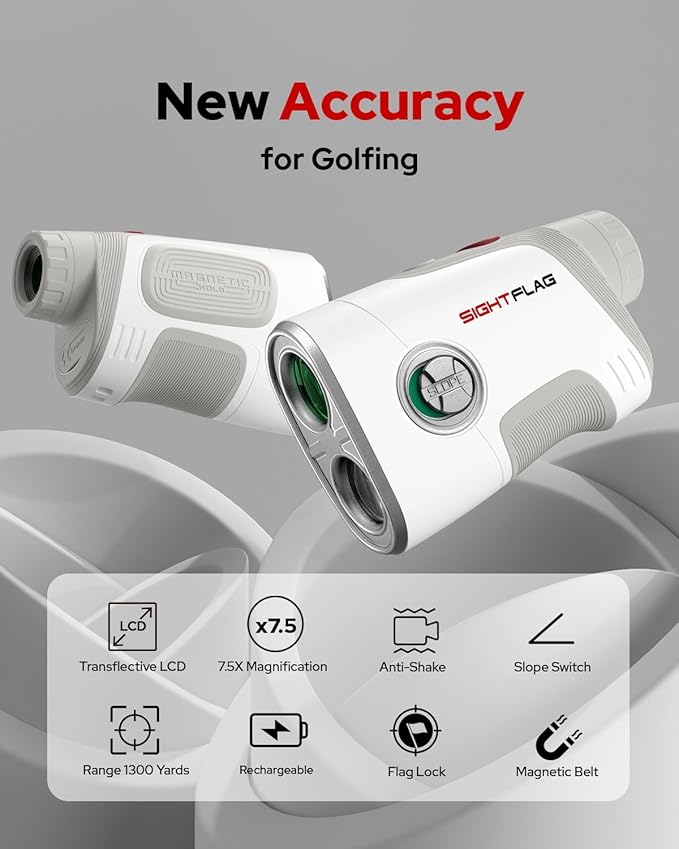 GF2 Golf Rangefinder with Slope, 1300 Yards Laser Range Finder, 7.5X Magnification, Flag Pole Locking Vibration 0.3 Yard Accuracy, Rechargeable Magnetic Golf Accessories Gift for Men Women
