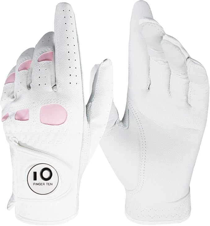 FINGER TEN Women’s Leather Golf Glove with Ball Marker Ladies Gloves Left Right Handed Golfer Extra Grip 1 Pack, Left Right Hand Pink Fit Woman Girl, Size Small Medium Large XL