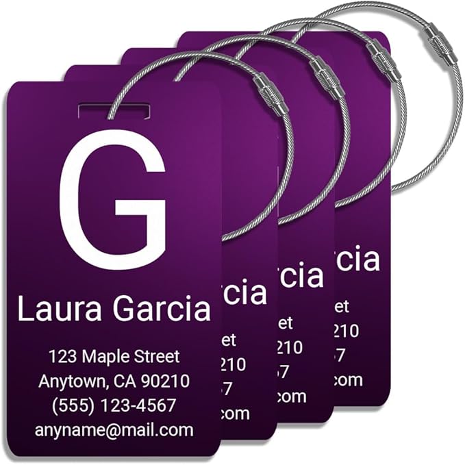 Personalized Luggage Tags for Suitcases 4 Pack – Custom Metal Name Tag for Travel, Golf Bag, and Baggage – Durable Aluminum Luggage Name Tags (Purple, Vertical)