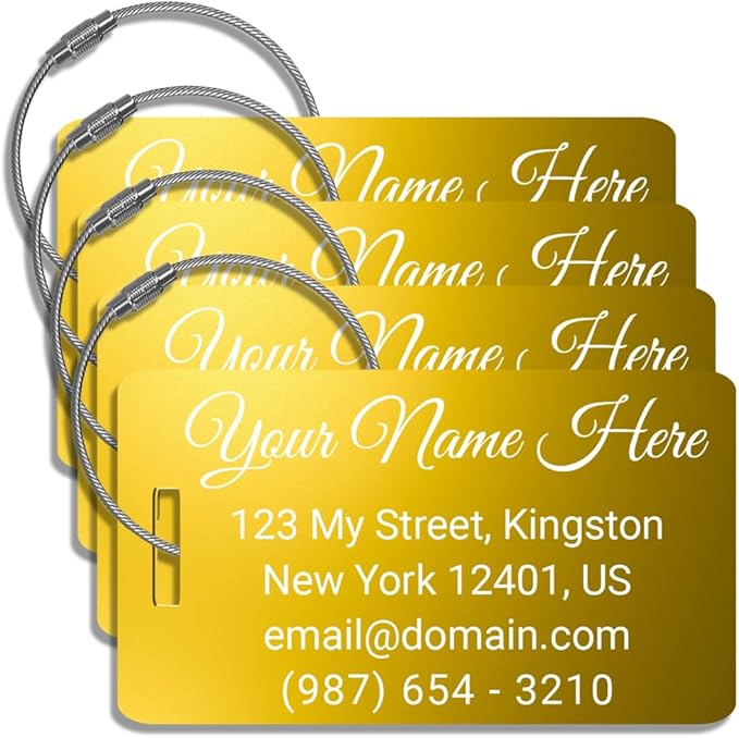 Custom Luggage Tags for Suitcases - Personalized Name Tag Pack of 4, Anodized Aluminum with Steel Loop, Gold, 2x3.5