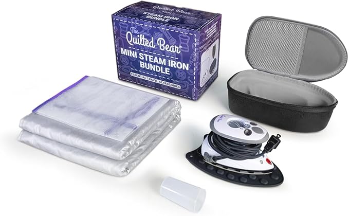 The Quilted Bear Mini Iron, Rest & Ironing Mat - Lightweight Mini Steam Iron with Hard Shell Travel Case, Rest & Ironing Mat - Travel Essentials for Wrinkle Free Clothes & Effortless Quilting (Black)