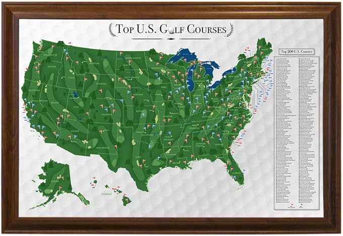 Push Pin Travel Maps Customizable Wall Art - Top Golf Courses USA Map - Brown Frame - Framed Pin Map, Includes 150 Pins - Handcrafted in USA - 27.5" x 39.5"