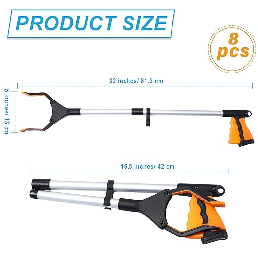 Ctosree 8 Pack 32" Trash Grabber Reacher Tool for Elderly, Foldable Litter Picker Upper, Lightweight Trash Pick up Stick, Long Handy Mobility Aids for Home Garden Arm Extension(Multicolor)
