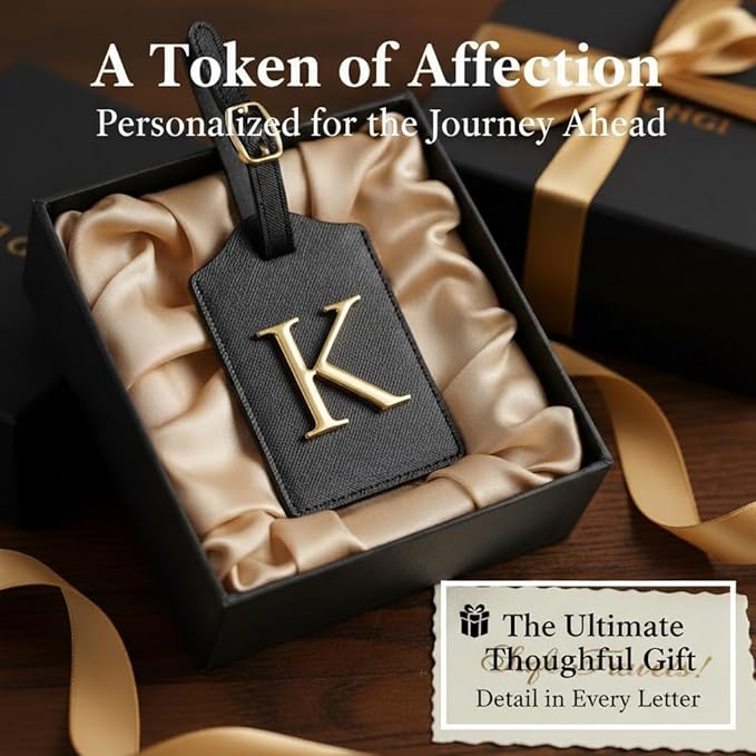 Personalized Initial Letter Luggage Tag for Suitcases PU Leather Baggage ID Tag with Metal Alphabet,Travel Accessory for Backpacks, Bags and Gift for Travelers (Black/Gold-Letter, K)