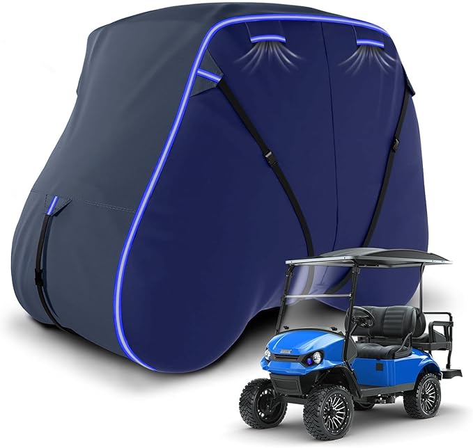 Golf Cart Cover Suitable 2+2/4 Passenger for Yamaha/EZGO Club Cart Heavy Duty 420D Waterproof Windproof Golf Cart Cover All-Weather Protection with Zipper Door Blue/Gray