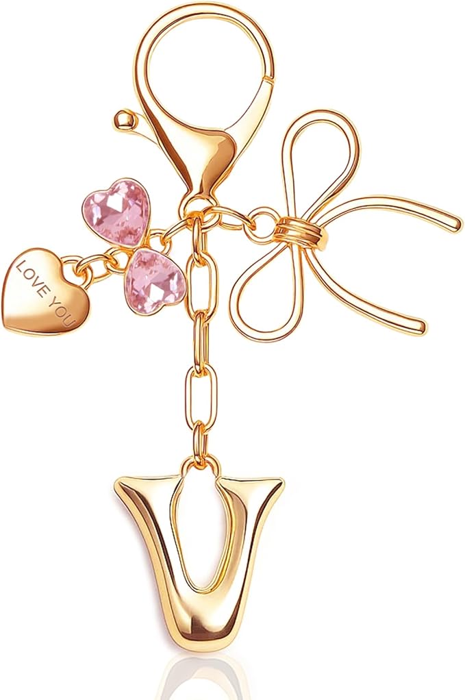 Gold Bubble Initial Keychain with Bow Decoration Bag Charms for Women, Cute Purse Handbag Accessories Gift