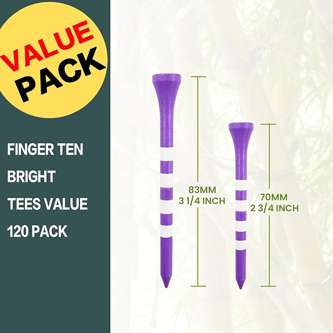 FINGER TEN Golf Tees Wood 3 1/4 2 3/4 Inch Value 50/120 Count, Durable Tees with Bright Colored Stripes for Consistent Height, 70mm 83mm Long Tees Ideal for Golfers