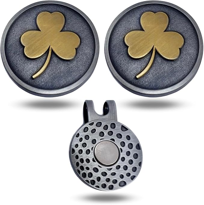 Full Metal Markers Irish Shamrock Ireland Clover Unique Magnetic Metal Golf Ball Marker with Hat Clip Accessory for Men & Women