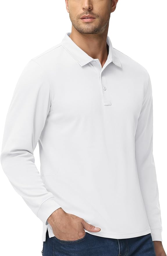 MAGCOMSEN Men's Polo Shirts 3 Button Quick Dry Performance Long Sleeve Tactical Shirts Pique Jersey Golf Shirt
