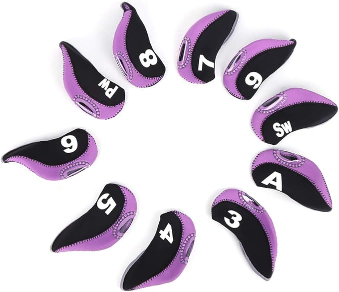 10Pcs Head Covers for Golf Clubs, Neoprene Golf Iron Covers Set with Number Convenient, Soft Universal Iron Club Head Cover for Outdoor, Sports Lovers, Black Purple