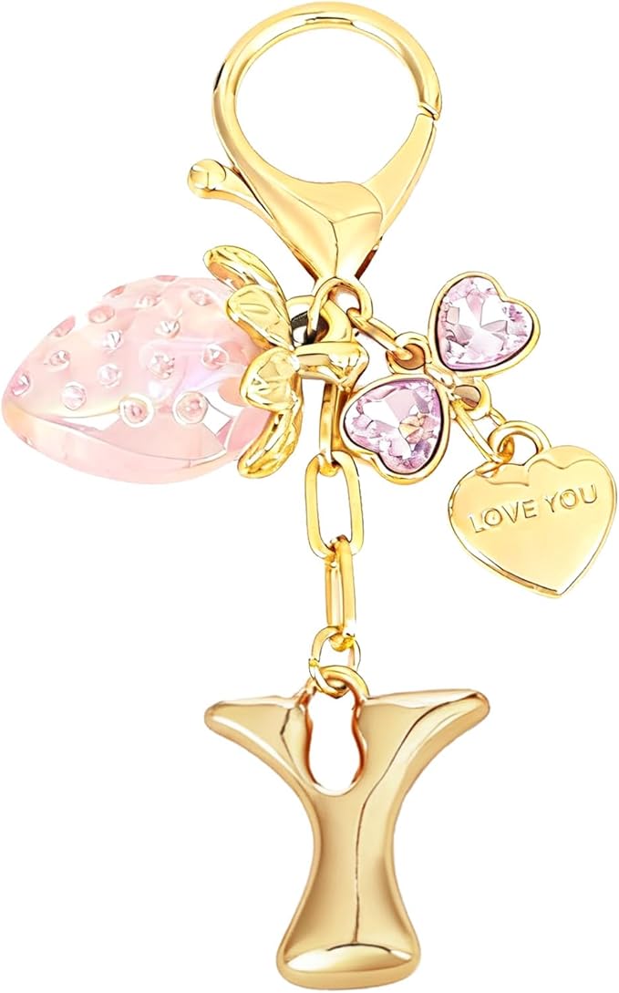 Snycler Bubble Initial Keychain with Strawberry & Bow- Gold Letter Bag Charms for Women, Cute Purse Handbag Accessories