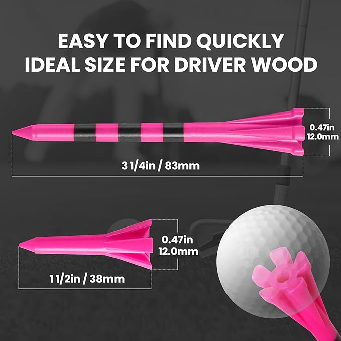 Golf Tees Plastic Unbreakable 60 Pack 2 3/4 or 3 1/4 Inch with 20 More Short Tees 1 1/2 Inch Red Green Pink
