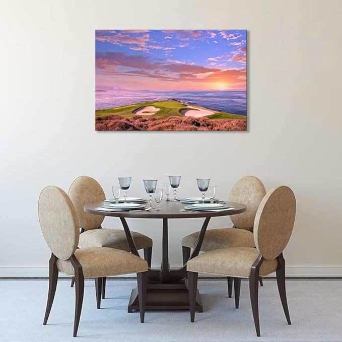 Pebble Beach Golf Course Hole 7 Wall Art Prints - Monterey California USA Golf Course Canvas Wall Art for Living Room Bedroom Bathroom Home Decorations Gifts Framed Ready to Hang(12''H x 16''W)