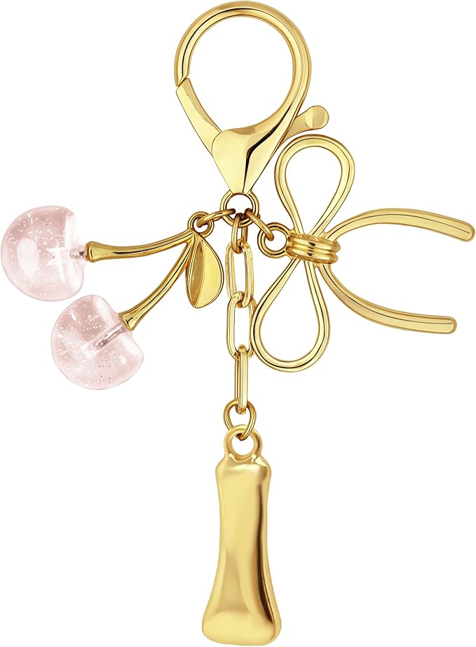Gold Bubble Heart, Cherry, Bow & More Designs Letter Initial Keychain Bag Charms – Cute Purse Charms for Handbags