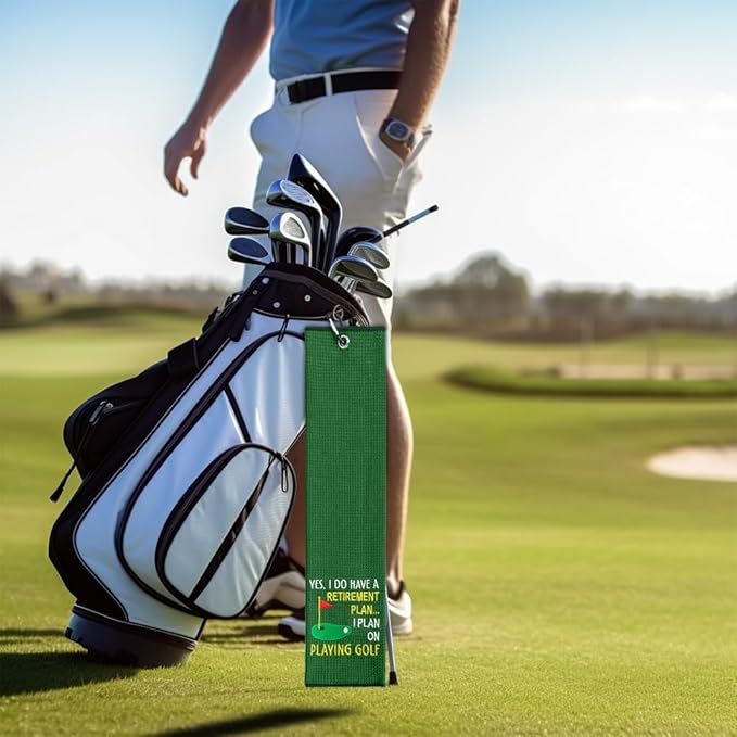 ERHACHAIJIA Yes I'd Have A Retirement Plan Embroidered Golf Towel with Clip. Funny Golf Accessories Gifts for Men Women Golfer Grandma Grandpa Mom Dad, Retirement (Green)