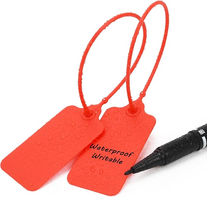 50pcs Luggage Tags Plastic Seals Shipping Label Logistics Sign Tie Bag Tag, Sealing Storage Multi Purpose Name ID Tag with Marker for Suitcases, Backpack, Schoolbag, Car Key (Red)