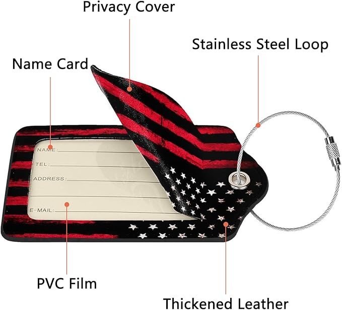 2 Pack Luggage Tags for Suitcase, Privacy Cover ID Label with Stainless Steel and Address Card for Travel Bag Backpack Cruise Ship Essentials Tag Women Men - Black Red American Flag