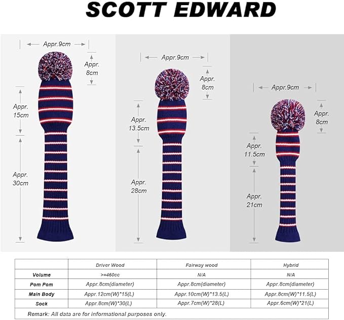 Scott Edward Golf Headcovers for Woods Set of 3 Fits Well Driver(460cc) Fairway Wood and Hybrid(UT) The Perfect Change for Golf Bag Classic Striped Style