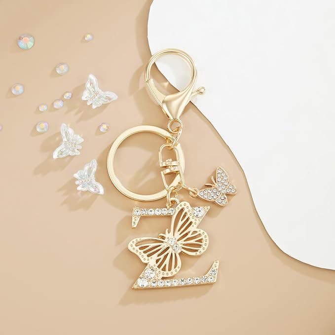 Gold Plated Alphabet Initial Letter Keyring Keychain for Women Girls Crystal Key Chains for Wallet Backpack Bag Charm