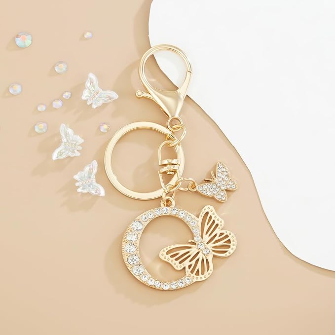 Gold Plated Alphabet Initial Letter Keyring Keychain for Women Girls Crystal Key Chains for Wallet Backpack Bag Charm