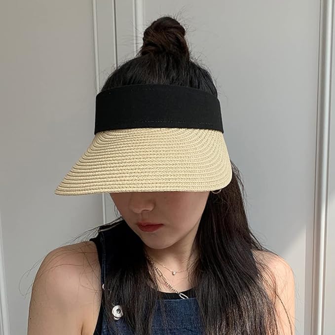Women Straw Sun Visor Hat Wide Brim Summer UV Protection Beach Cap Foldable Packale Korean Style