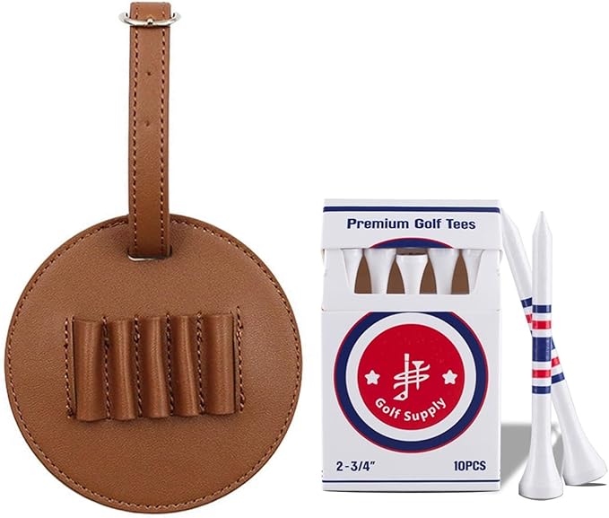 Golf Tee Holder for Bag, Golf Tee Carrier with 10 PCS Wooden Golf Tees 2-3/4 inch, Golf Accessories for Men and Women, Golf Bag Accessory and Golf Gift (Brown)