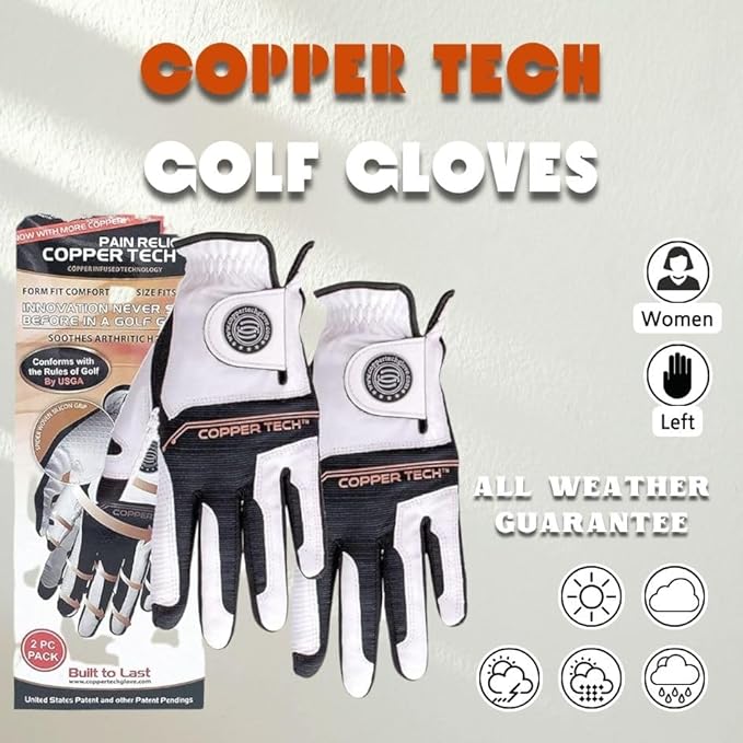 Copper Tech Ladies Golf Gloves Women Right Handed Golfer or Left Handed Golfer 2 Pack | Copper Compression Joint Support with Flexible & Comfortable Fit | AAA Leather & Silicone Tacky Pad
