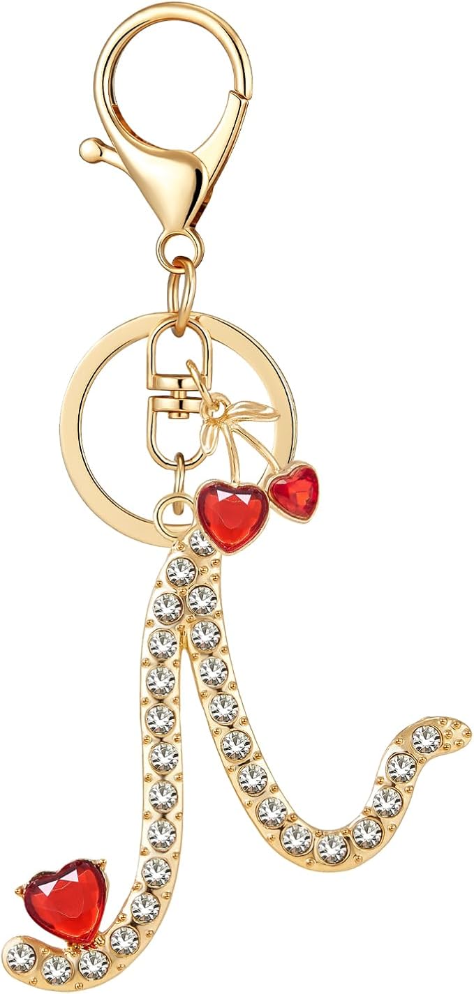 Gold Plated Alphabet Initial Letter Keyring Keychain for Women Girls Crystal Key Chains for Wallet Backpack Bag Charm