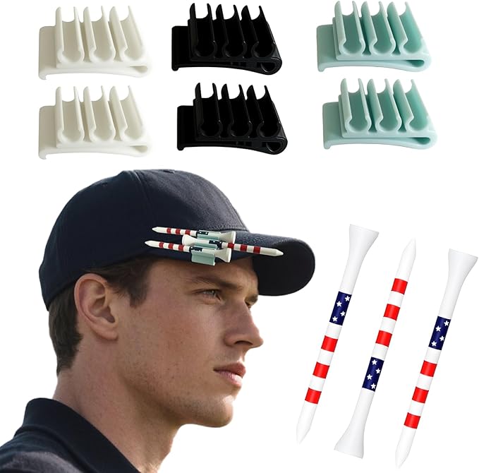 6 PCS Hat Clip Golf Tee Holder (with 3pc Tee) Golf Tee Holder Hat Clips Fits Hat Brim & Visor - Stores 3 Golf Tees for Quick Access (Black+White+Blue)