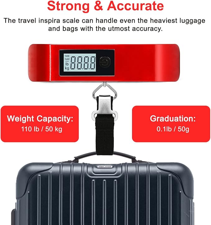 travel inspira Luggage Scale, Portable Digital Hanging Baggage Scale for Travel, Suitcase Weight Scale with Rubber Paint, 110 Pounds, Battery Included