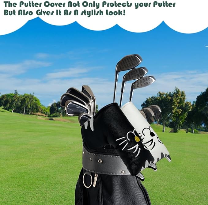 Golf Kitty Head Cover Golf Club White Leather Headcovers 1pc/4pcs Set Fits Driver Fairway Wood Hybrid Utility Putter Iron Wedge Headcover.