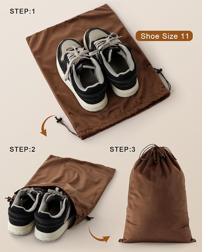 FantasyLife Shoe Bags for Travel, Washable Dust Bags for Storage & Packing, Flannel Shoe Pouch with Drawstring Closure for Purses, Handbags, Shoes & Toys (2, Mocha Mousse)