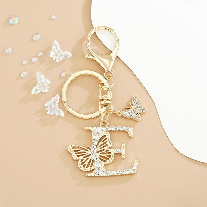 Gold Plated Alphabet Initial Letter Keyring Keychain for Women Girls Crystal Key Chains for Wallet Backpack Bag Charm