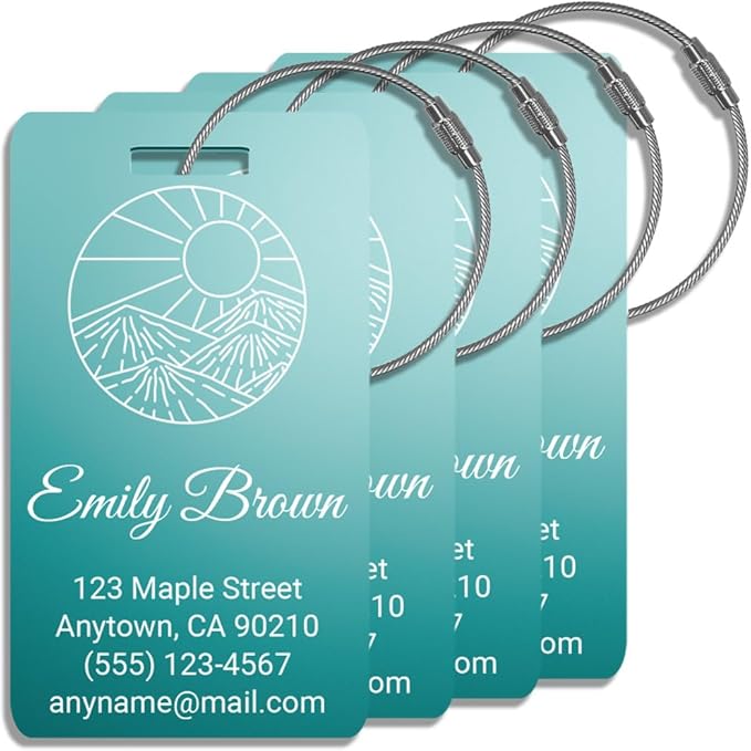 Personalized Luggage Tags for Suitcases 4 Pack – Custom Metal Name Tag for Travel, Golf Bag, and Baggage – Durable Aluminum Luggage Name Tags (Adventure Collection, Aqua Marine)