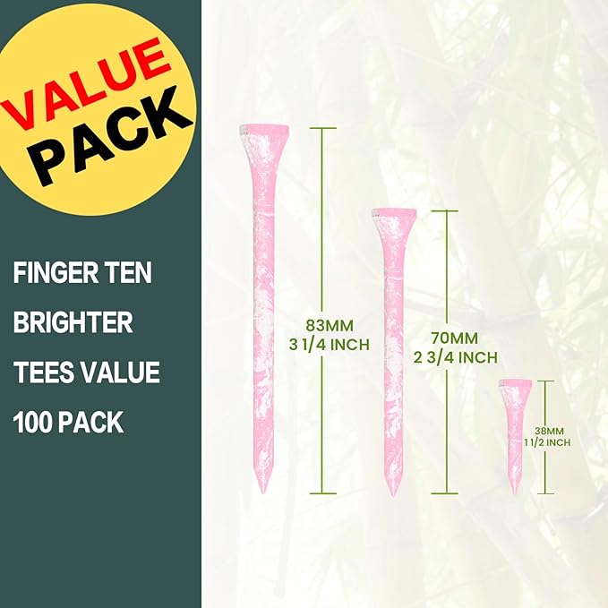 FINGER TEN Golf Tees Stylish Bamboo Wooden Coloured Painted Value 100 Pack, Durable 3 1/4 2 3/4 1 1/2 Inch Long Short Tee, Cool Style Purple Pink Green Enhanced Visibility for Men Women