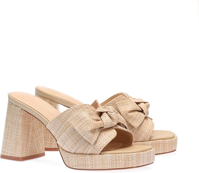 Monrovia Womens Sandals Heels for Women Slide On Block Chunky Platform High Heels Open Toe Raffia Wedge Sandals