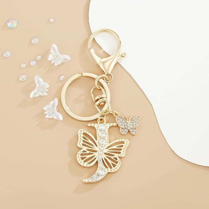 Gold Plated Alphabet Initial Letter Keyring Keychain for Women Girls Crystal Key Chains for Wallet Backpack Bag Charm