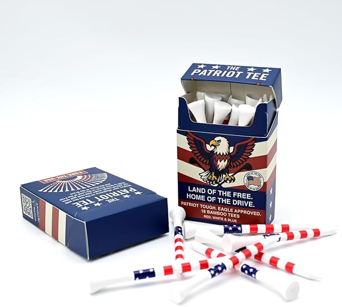 TeeTime. Patriot Golf Tees 18 Premium Bamboo Golf Tees (83mm) – Red, White & Blue American Flag Themed – Durable, Eco-Friendly Novelty Golf Tees – USA Eagle Packaging