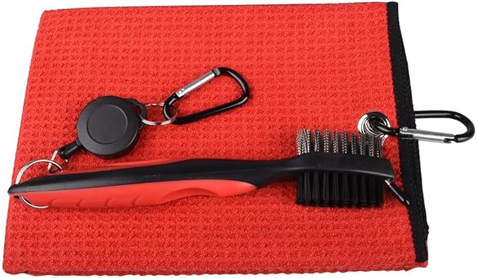 Golf Towels, Golf Towel and Brush Set, with Microfiber Waffle Design Golf Towel 16" X 24" with Hook and Loop Fastenerl and Retractable Zip-line Golf Club Brush (Red)