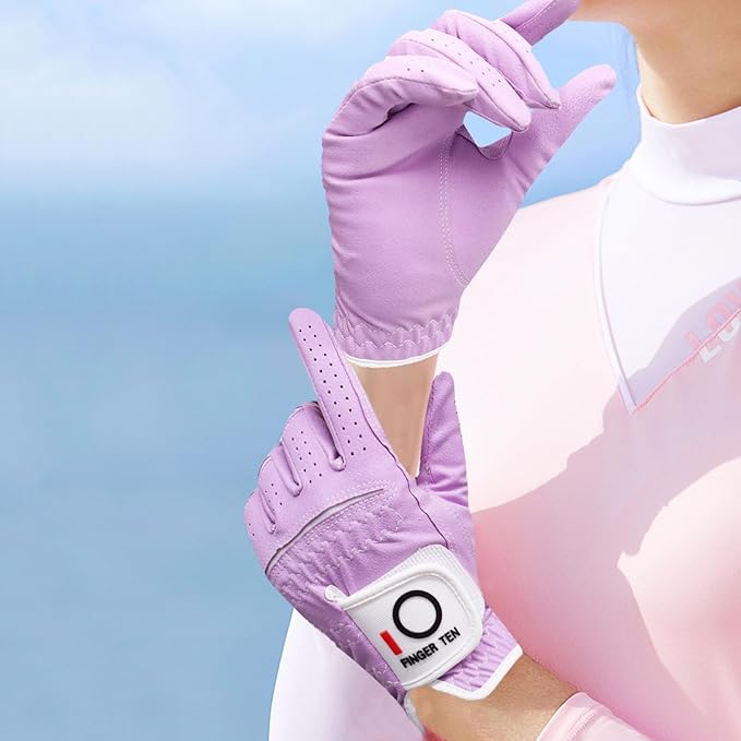 FINGER TEN Womens Ladies Golf Gloves Pair Both Hand or 2 Pack Left Right Hand, All Weather Grip & Comfortable Glove for Serious Performance, Stylish Pink White Fit S M L XL