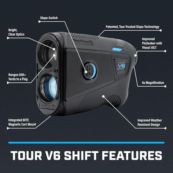 Bushnell Golf Tour V6 Shift Laser Rangefinder with Vice Balls | Slope Compensation, PinSeeker, Magnetic Mount, 1300 YD Range, 6X Magnification | Signature Series Golf Towel